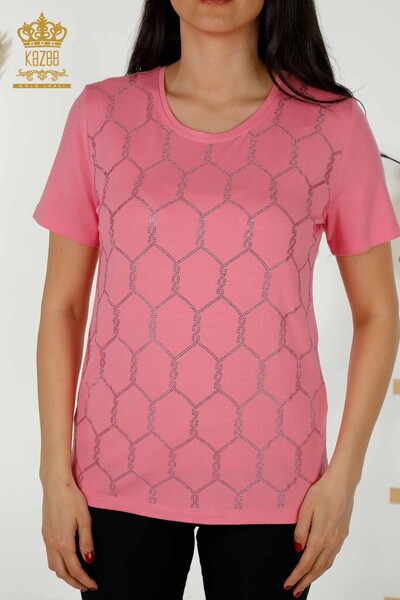 Bluză de damă cu mânecă scurtă cu model roz - 79304 | KAZEE - Thumbnail