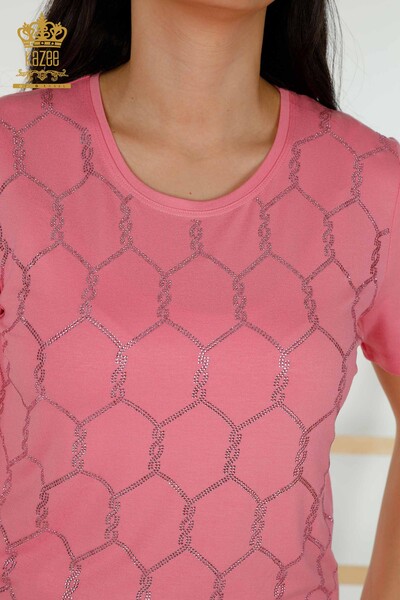 Bluză de damă cu mânecă scurtă cu model roz - 79304 | KAZEE - Thumbnail