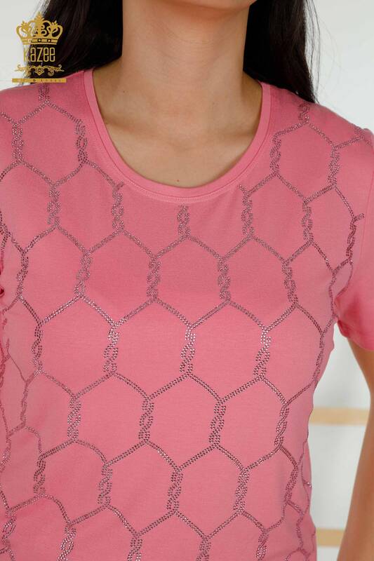 Bluză de damă cu mânecă scurtă cu model roz - 79304 | KAZEE