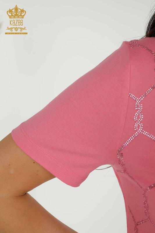 Bluză de damă cu mânecă scurtă cu model roz - 79304 | KAZEE