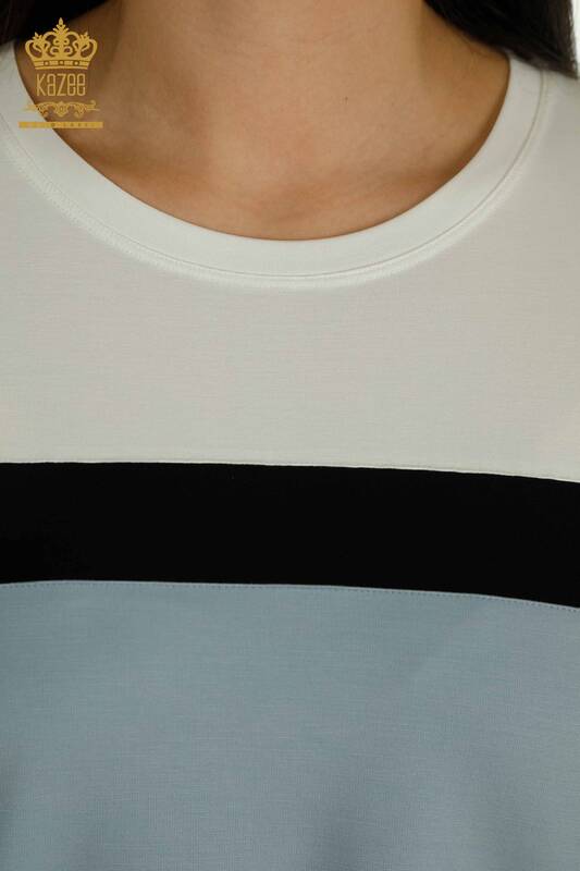 Bluză de damă cu ridicata - Multicolore - Ecru-Albastru - 79498 | KAZEE