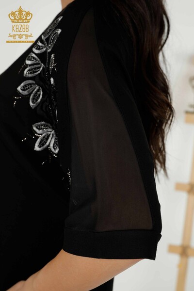 Bluză de damă cu ridicata cu model trandafir neagră - 79095 | KAZEE - Thumbnail