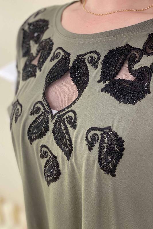Bluză cu ridicata pentru femei, cu mânecă liliac detaliată în piatră din tul din față - 77638 | Kazee