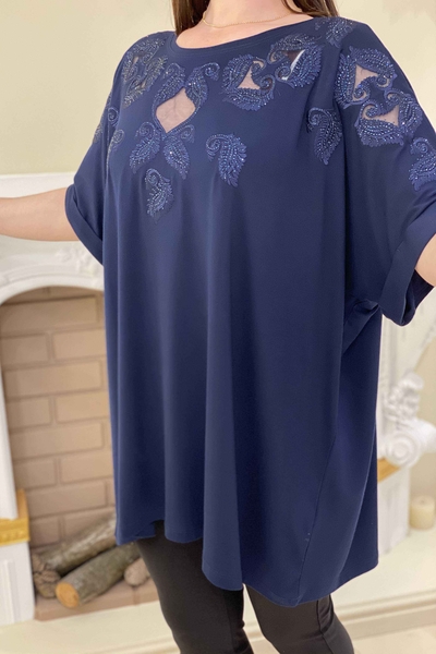 Bluză cu ridicata pentru femei, cu mânecă liliac detaliată în piatră din tul din față - 77638 | Kazee - Thumbnail