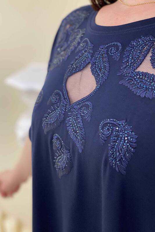 Bluză cu ridicata pentru femei, cu mânecă liliac detaliată în piatră din tul din față - 77638 | Kazee