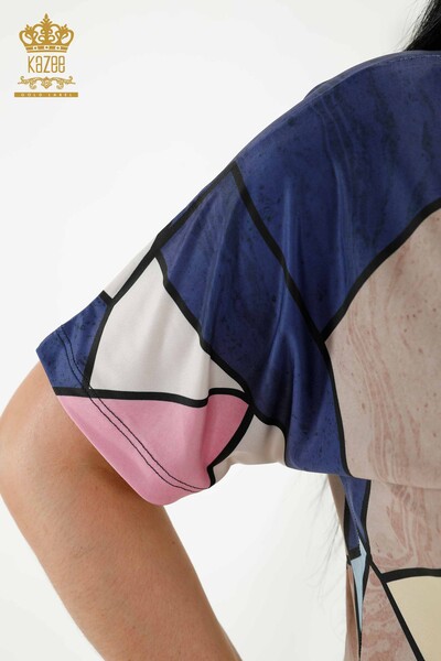 Bluză de damă cu ridicata cu imprimeu digital cu decolteu în V Bleumarin - 77896 | KAZEE - Thumbnail