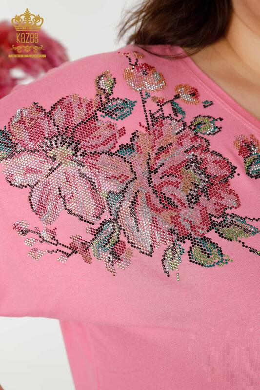 Bluză de damă cu ridicata cu modele florale roz - 79052 | KAZEE