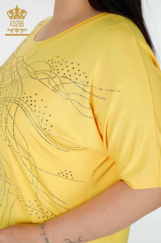 Bluză de damă cu ridicata cu piatră de cristal brodat galben - 78835 | KAZEE
