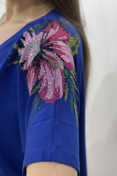 Bluză cu ridicata pentru femei, cu umăr cu pietre, cu model de flori, mânecă scurtă - 77800 | KAZEE - Thumbnail