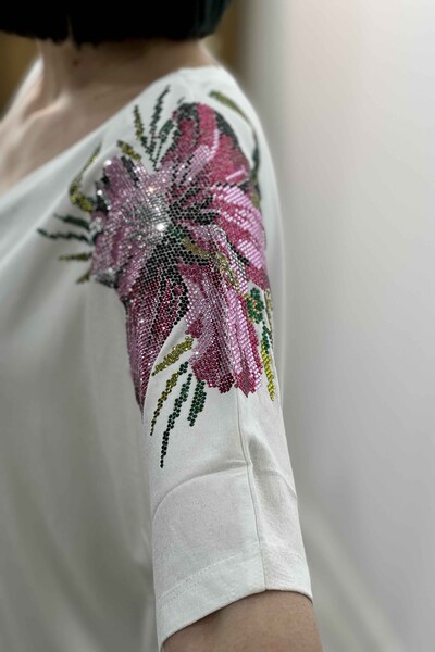 Bluză cu ridicata pentru femei, cu umăr cu pietre, cu model de flori, mânecă scurtă - 77800 | KAZEE - Thumbnail