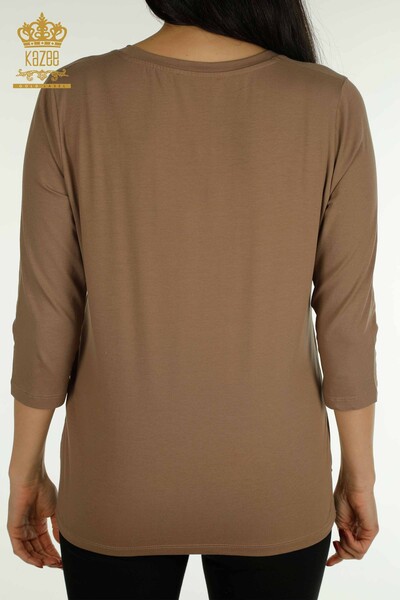 Bluză de damă cu ridicata - brodată cu piatră - maro deschis - 79565 | KAZEE - Thumbnail