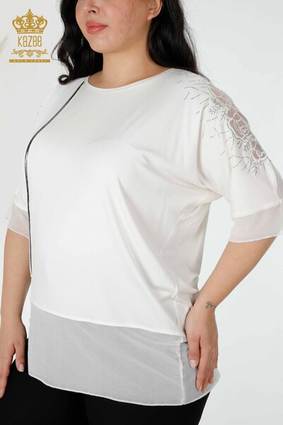 Bluză de damă cu ridicata cu piatră brodata cu decolteu rotund Ecru - 79033 | KAZEE - Thumbnail