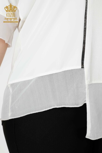 Bluză de damă cu ridicata cu piatră brodata cu decolteu rotund Ecru - 79033 | KAZEE - Thumbnail