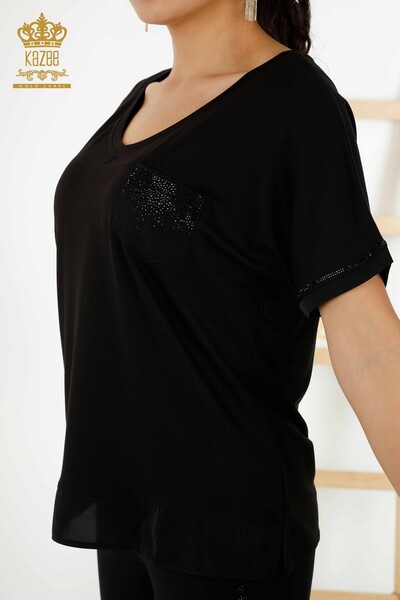 Bluză de damă cu ridicata cu buzunar cu piatră brodata neagră - 79195 | KAZEE - Thumbnail