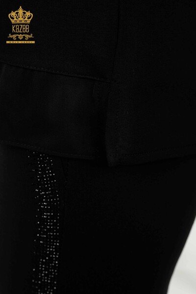 Bluză de damă cu ridicata cu buzunar cu piatră brodata neagră - 79195 | KAZEE - Thumbnail
