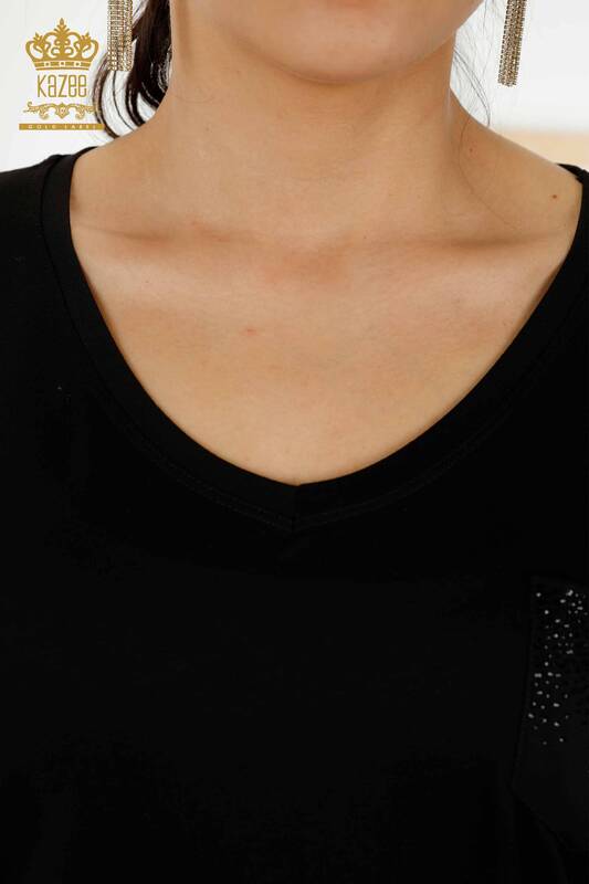 Bluză de damă cu ridicata cu buzunar cu piatră brodata neagră - 79195 | KAZEE