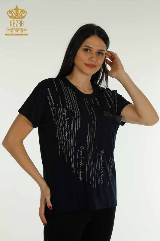 Bluză de damă cu ridicata cu detaliu buzunar Bleumarin - 79140 | KAZEE