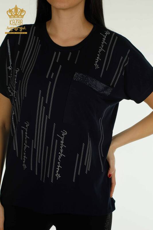 Bluză de damă cu ridicata cu detaliu buzunar Bleumarin - 79140 | KAZEE