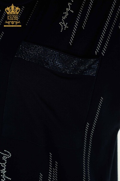 Bluză de damă cu ridicata cu detaliu buzunar Bleumarin - 79140 | KAZEE - Thumbnail