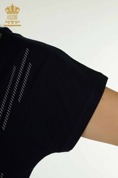 Bluză de damă cu ridicata cu detaliu buzunar Bleumarin - 79140 | KAZEE - Thumbnail