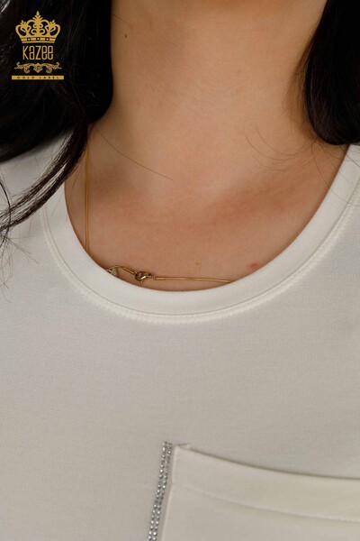 Bluză de damă cu buzunare cu mânecă scurtă Ecru - 79234 | KAZEE - Thumbnail