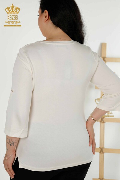 Bluză de damă cu buzunare cu mânecă scurtă Ecru - 79234 | KAZEE - Thumbnail