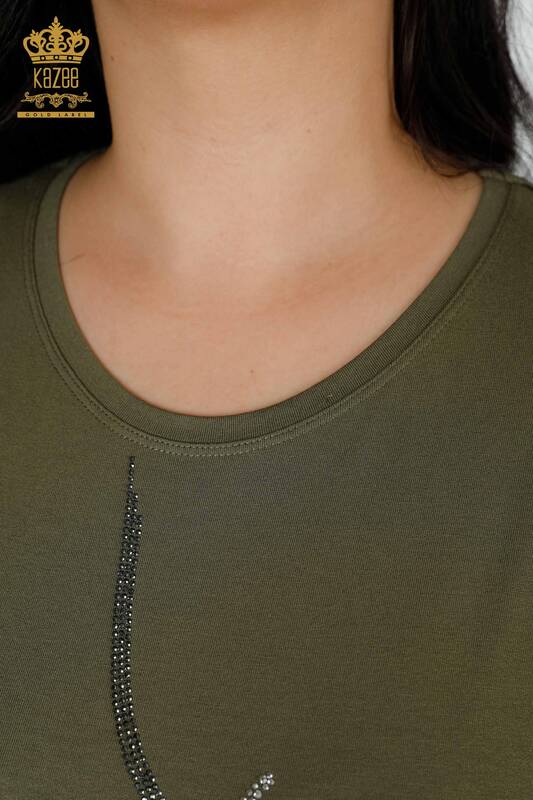 Bluză de damă cu ridicata frunze cu model kaki - 78946 | KAZEE