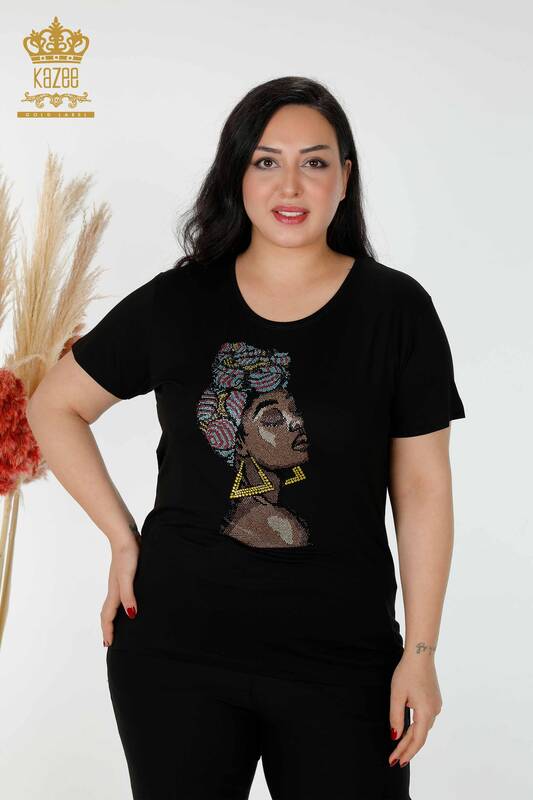 Bluză de damă cu ridicata cu piatră colorată brodata neagră - 77874 | KAZEE