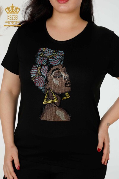 Bluză de damă cu ridicata cu piatră colorată brodata neagră - 77874 | KAZEE - Thumbnail
