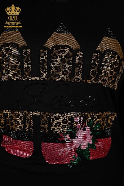 Bluză de damă cu ridicata cu piatră colorată brodata neagră - 77942 | KAZEE - Thumbnail
