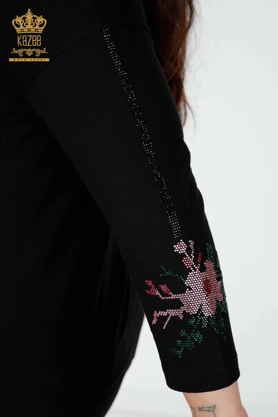 Bluză de damă cu ridicata cu piatră colorată brodata neagră - 77942 | KAZEE - Thumbnail