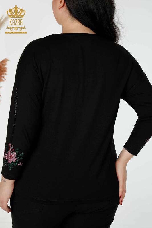 Bluză de damă cu ridicata cu piatră colorată brodata neagră - 77942 | KAZEE