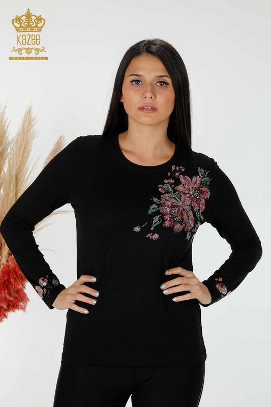 Bluza de dama cu ridicata cu piatra colorata brodata neagra - 79015 | KAZEE