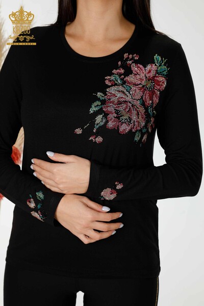 Bluza de dama cu ridicata cu piatra colorata brodata neagra - 79015 | KAZEE - Thumbnail