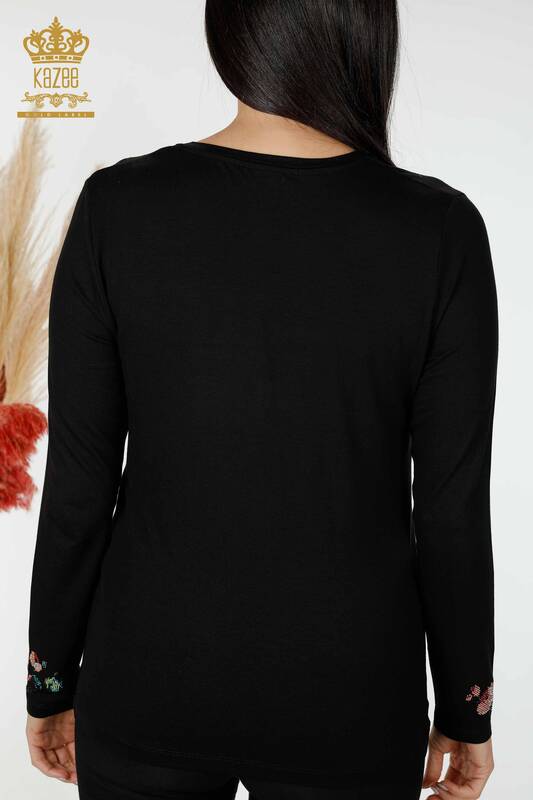 Bluza de dama cu ridicata cu piatra colorata brodata neagra - 79015 | KAZEE