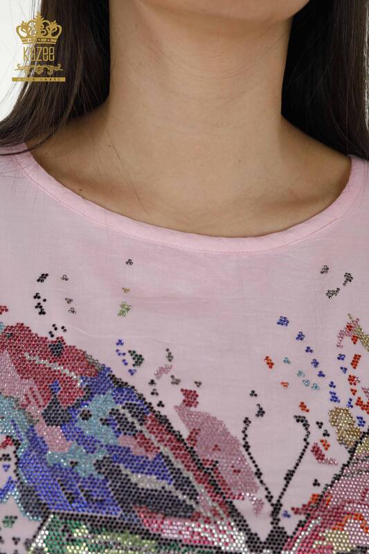 Bluză de damă cu ridicata cu model fluture colorat roz - 79165 | KAZEE