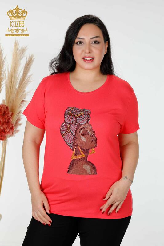 Bluza de dama cu ridicata cu piatra colorata brodata Coral - 77874 | KAZEE