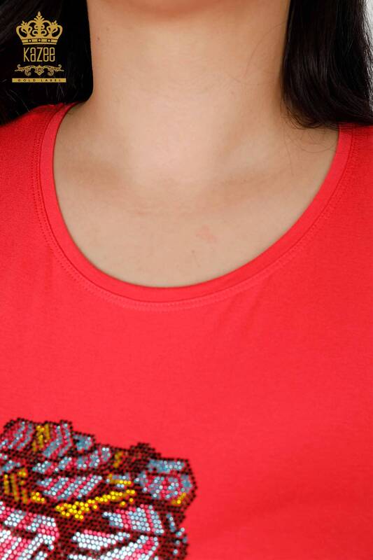 Bluza de dama cu ridicata cu piatra colorata brodata Coral - 77874 | KAZEE