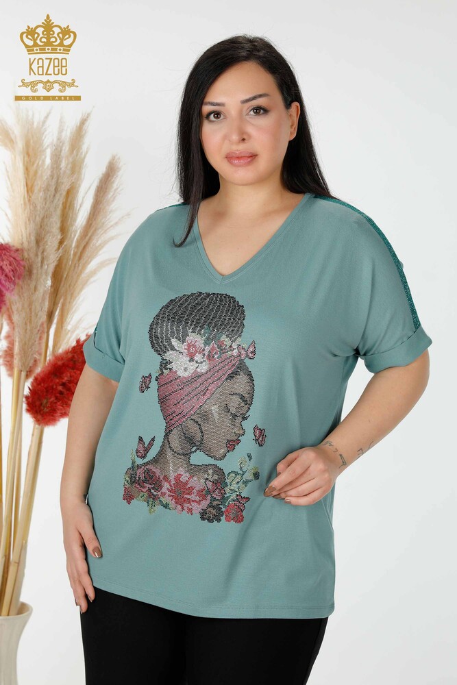 Bluza de dama cu ridicata cu piatra colorata brodata menta - 78913 | KAZEE - 1