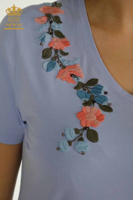 Bluză de damă cu ridicata - Colorată Cu flori Brodat - Liliac - 79455 | KAZEE