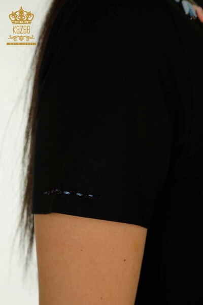 Bluză de damă cu ridicata - Colorată cu Flori brodate - neagră - 79455 | KAZEE - Thumbnail