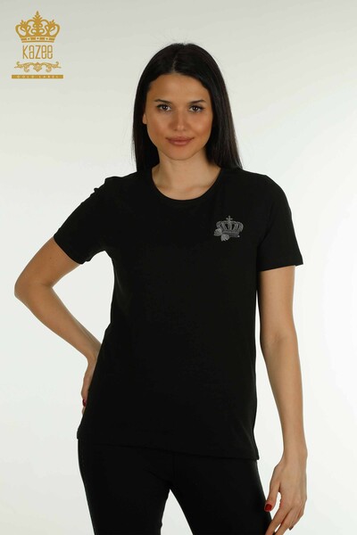 Bluză de damă cu ridicata - Coroană brodată - Neagră - 79476 | KAZEE - Thumbnail