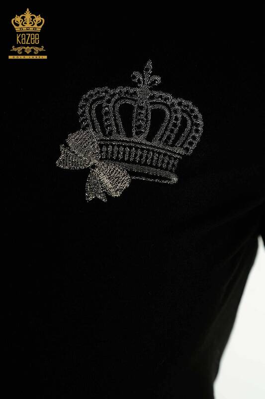 Bluză de damă cu ridicata - Coroană brodată - Neagră - 79476 | KAZEE