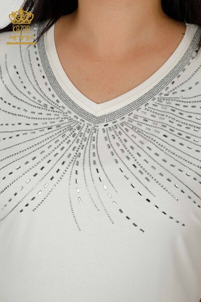 Bluză de damă cu ridicata cu piatră de cristal brodat Ecru - 79328 | KAZEE - Thumbnail