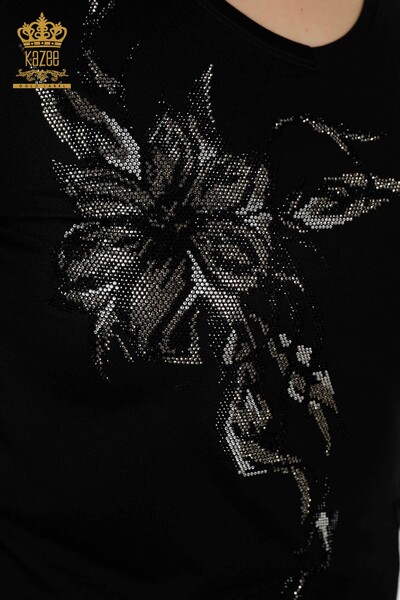 Bluză de damă cu ridicata cu piatră de cristal brodat negru - 79048 | KAZEE - Thumbnail