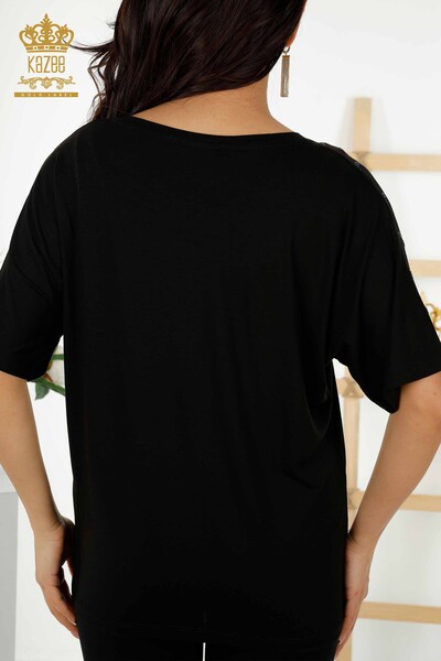 Bluză de damă cu ridicata cu piatră de cristal brodat negru - 79069 | KAZEE - Thumbnail