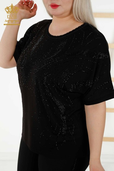 Bluză de damă cu ridicata cu piatră de cristal brodat negru - 79223 | KAZEE - Thumbnail