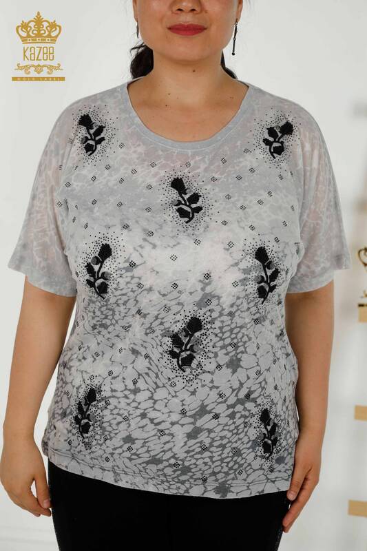 Bluză de damă cu ridicata Frunze cu model gri - 79130 | KAZEE