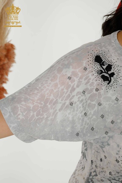 Bluză de damă cu ridicata Frunze cu model gri - 79130 | KAZEE - Thumbnail