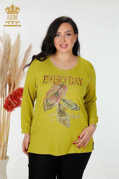 Bluză de damă cu ridicata Frunze cu model verde fistic - 77913 | KAZEE - Thumbnail